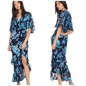 SALONI Rose Blue Black Silk Ruffle Midi Dress Size 0 XS